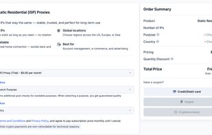 Engineers configure dedicated static residential IPs by purpose and country, with purpose-based pool checks guaranteeing quality for use cases like e-commerce, account management, and advertising. A 2-day free trial and $5/month per-IP pricing mean teams can validate fit before committing.
