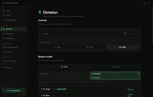 Dictation settings: hotkey, tap or hold, local or cloud model, GPU or CPU
