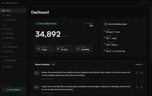 Dashboard with words dictated, streak, speed and the current dictation setup