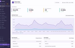 Overview: visitors, feature interactions and events over time, with top features, pages and sources.