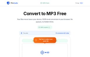 PrivAudio homepage showing the browser-based audio converter interface. Users can convert audio and video files (MP4, WEBM, MOV,
M4A, OGG, WAV) to MP3, M4A, WAV, or OGG formats. All processing happens locally in the browser using WebAssembly (files never leave your device).
