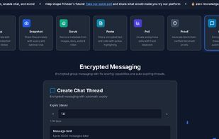 Encrypted group messaging with auto-expiringthreads. Up to 5000 messages per chat.
