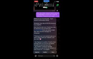 "See Prizmi in Action" — A real conversation: ask Prizmi to prepare a text for mom, and it drafts the message for you.