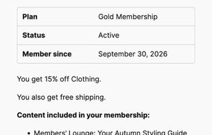 Members see their perks (15% off Clothing, free shipping) and the content their plan unlocks.