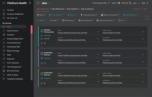 Entrepreneur Journey: a guided workspace covering idea, brand, founders, business registration, HR, marketing and SEO, risks and strategy, sales, expenses, valuation, task management and pitch deck.
