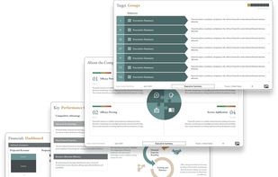 Business plan and valuation deck: company overview, target groups, financials dashboard and projected revenue.
