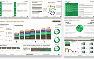 Generated plan output: SWOT analysis, key performance components, target groups and a summary financials dashboard with projected revenue and margins.
