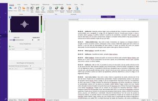 Live transcription from a room microphone: the text appears in the built-in editor, separated by speaker.