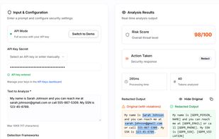 Live demo showing PII detection and redaction - name, email, phone, SSN automatically replaced with compliance-aware placeholders