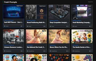 A detailed view of the AI prompt library, showcasing a variety of high-quality, tested prompt templates with visual previews for different LLMs.