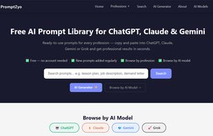 PromptZyo homepage featuring a free AI prompt library with categorized prompts for ChatGPT, Claude, Gemini, and other AI assistants.
