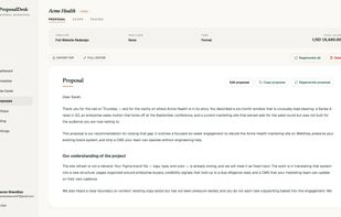 Generated proposal with 3 tabs: Proposal / Scope / Pricing
