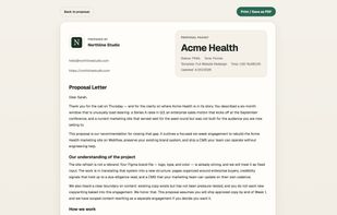 Branded PDF export with logo and formatted pricing table.