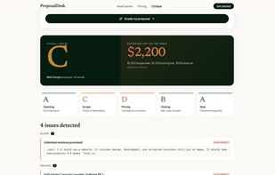 Critique scores your proposal across 5 axes + flags revenue leak before sending. No competitor has this.
