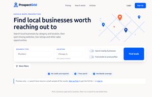 Search local businesses by category and location, then identify sales opportunities such as businesses with no website listed.