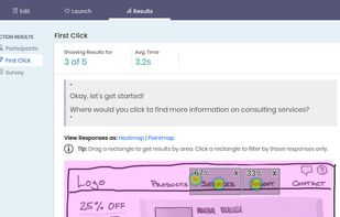 First click results with average completion time, heatmap and pointmap views, and defined region statistics.