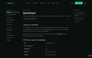 Docs quickstart: credentials, gateway host and port, and a first request over HTTP or SOCKS5.