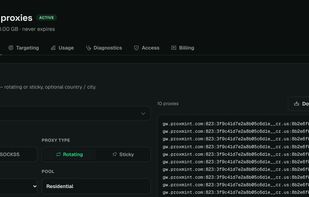 Dashboard proxy generator: choose the pool, country, city and rotating or sticky sessions, then copy a ready proxy list.
