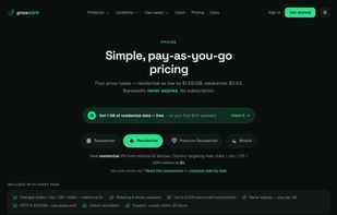 Pricing: pay-as-you-go per-GB packs for each proxy type, no subscription, paid in crypto.