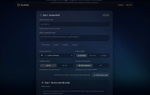 Practitioner Dashboard — Enter a client's specific trigger, select voice guides and binaural frequencies, and freely review or edit the script.