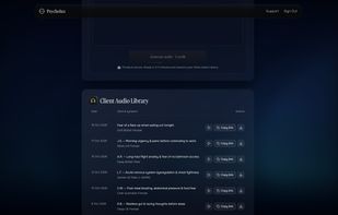 Client Audio Library — Manage generated gut-directed sessions, preview tracks, download MP3s, or copy 1-click private client links.
