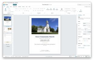 Editing a church bulletin .pub file in PubKeep, with the ribbon, page navigator, and Properties pane.