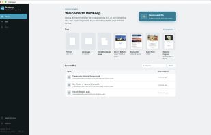 The start screen: open a .pub file, start from a blank page size, or pick a template like a bulletin, newsletter, or flyer.
