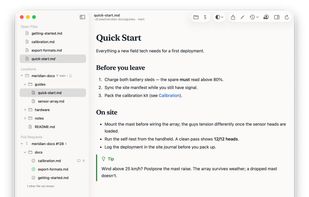 Local Markdown rendered the way readers will see it, with a live file tree in the sidebar