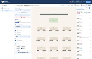 A classroom seating chart: rows of desks, the teacher's desk and the board, a student's name on every seat