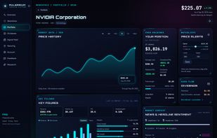 Company page for every holding: price history, your position and price alerts, key figures from SEC filings and the company's news (demo account, dark theme).