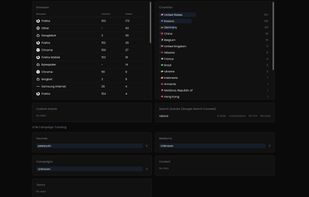 Browsers, countries, Custom Events, Search queries from Google search console and UTM stats