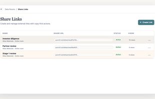 Create and manage share links for a data room, then see link status and view activity in one place.