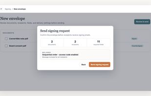 Review a signing request with documents, recipients, required fields, and an access code before sending it for signature.