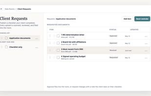 Collect application documents through a client checklist, review each upload, and approve it into the room or request a change.
