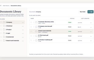 Organize deal files and engagement documents in a data room with folders, versioning, and previews.
