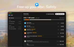 The Overview screen shows how much space is used and splits it into app caches, dev tools, large files, apps and leftovers, with safe items ready to clean in one click.
