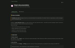 Built-in help and API reference: quick start, channels, API keys, endpoints.