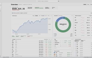 Overview: total value, performance, allocation, movers, tags, and upcoming earnings on one screen. Light theme.