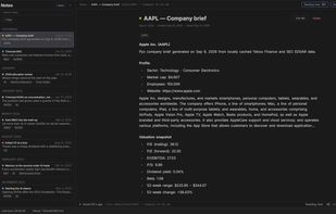 Notes are plain .md files on your disk linked to securities and tags. Readable in any editor