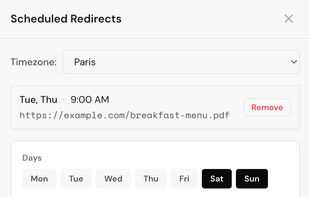 Scheduled redirects editor. Set rules to automatically switch the destination URL by day and time.
