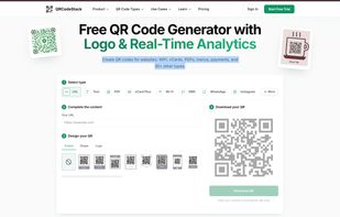 Marketers and business owners pick from 37+ code types — URL, PDF, vCard, WiFi, WhatsApp, and more — customize frames, shapes, and logos, then download a print-ready code in one guided flow. No account needed for static codes.
