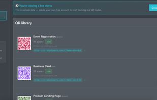 QR library view — list of saved QR codes (Event Registration, Business Card, etc.) each with scan count, status, scan URL, and Analytics/Edit/Download/Delete buttons.