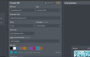 Create QR form (top half) — the QR creation form filled in for "Coeurspice.com" — name, type (Dynamic URL), destination URL, status, campaign, frame text, color picker, with a live preview panel on the right.