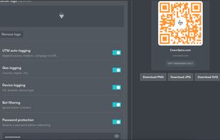 Create QR form (bottom half) + finished QR — logo upload area, tracking toggles (UTM, geo, device, bot filtering, password protection), and the finished orange-and-white QR code preview with download buttons (PNG/JPG/SVG).