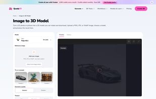 Image-to-3D workspace with reference upload, AI model selection, supported settings, and upfront credit cost.