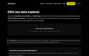 The free DNA explorer reads your 23andMe, AncestryDNA or MyHeritage raw data directly in the browser — the file is parsed on your device and never uploaded.