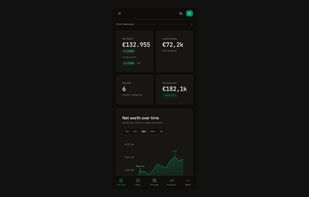 The same overview on mobile: four stat cards in a responsive grid, the net worth over time chart with selectable date ranges, and bottom-tab navigation to allocations, sources, and forecast. Demo data.