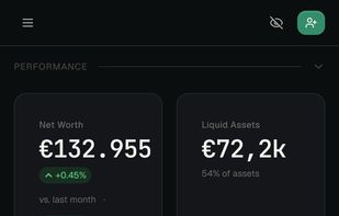 The same overview on a phone: net worth, liquid assets and forecast cards, the net-worth-over-time chart with selectable ranges (3 months to all-time), and bottom navigation across overview, allocations, sources and forecast. Figures shown are demo data.