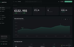 The overview dashboard: net worth, liquid assets, source count and a five-year forecast across the top, with a net-worth-over-time chart below and a yearly earnings breakdown. The sidebar notes that snapshots are end-to-end encrypted on-device before they sync. Figures shown are demo data.