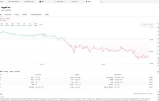 Company overview page (Apple, AAPL): price chart with range selectors, key metrics across valuation, trading, and profitability, a company profile, analyst consensus, and a daily note.